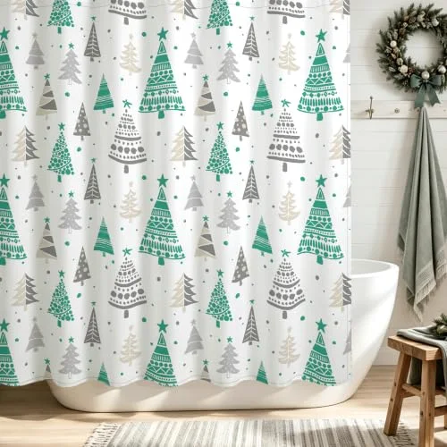 Christmas Shower Curtain, Green Gray, 71×71, photo 2