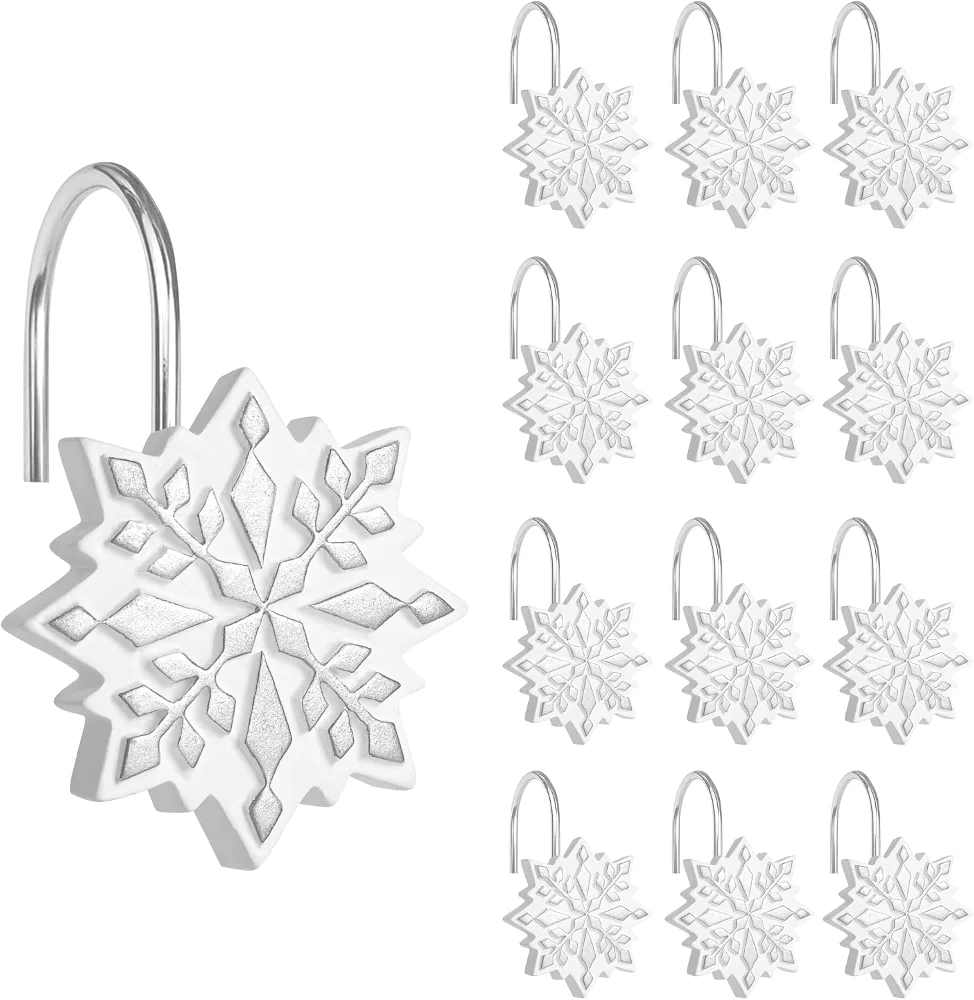 Christmas Shower Curtain Hooks, Silver/White Snowflake