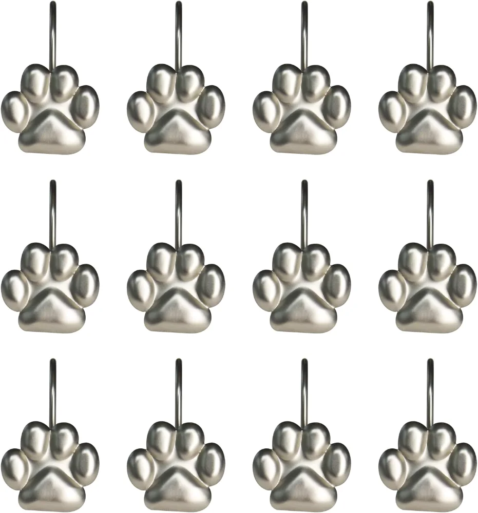 Cute Paw Print Polished Shower Curtain Hooks, Silver