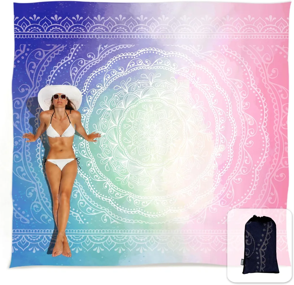 Extra Large Boho Sand Proof Beach Blanket, Center Mandala-blue Pink, 108×120