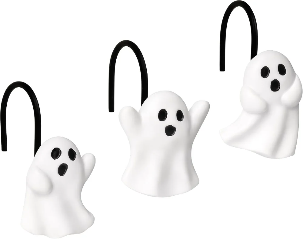 Ghost Shower Curtain Hooks, White Ghost with Black Hooks