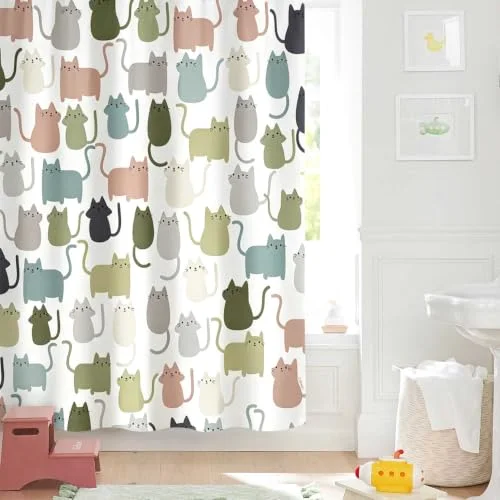 Lovely Sage Green Cartoon Cats Fabric Shower Curtain, photo 3