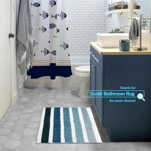 Ombre Blue Bathroom Rug Nautical Bath Mat for Bathroom Non Slip Blue and White, photo 4