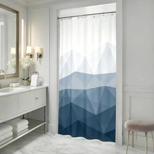 Ombre Blue Stall Shower Curtain RV Half Size Narrow Bathroom Curtains Contemporary Geometric Fabric Bathroom Decor, photo 4