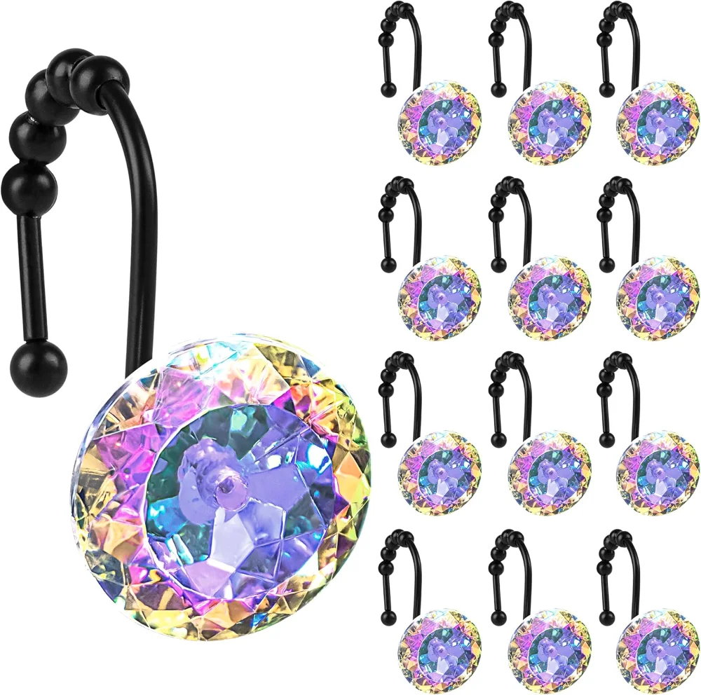 Rustic Decorative Shower Curtain Hooks, Crystal Ab with Black Hooks