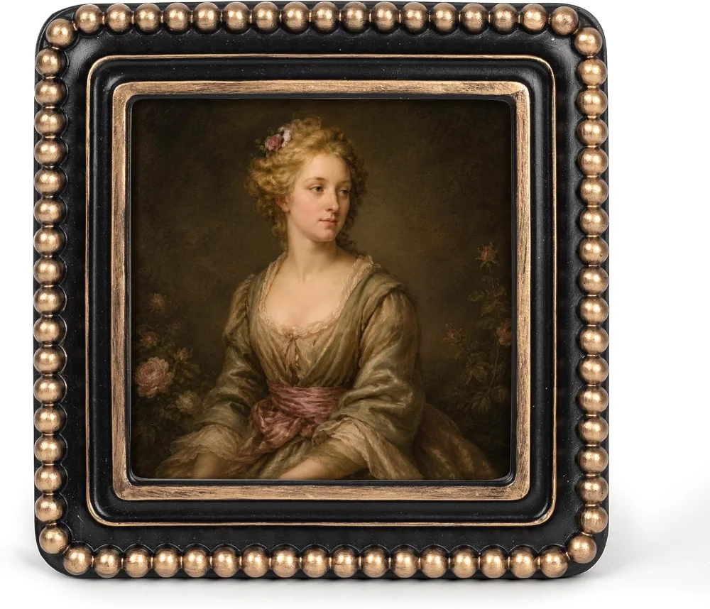 Square Boho Vintage Picture Frame with Beaded Border 4x4, Black and Golden