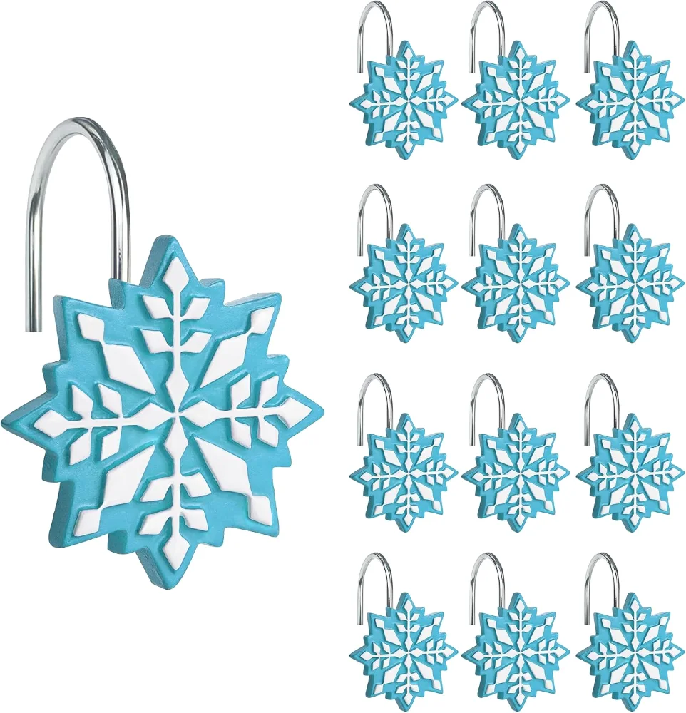 Christmas Shower Curtain Hooks, Blue/White Snowflake, set of 12