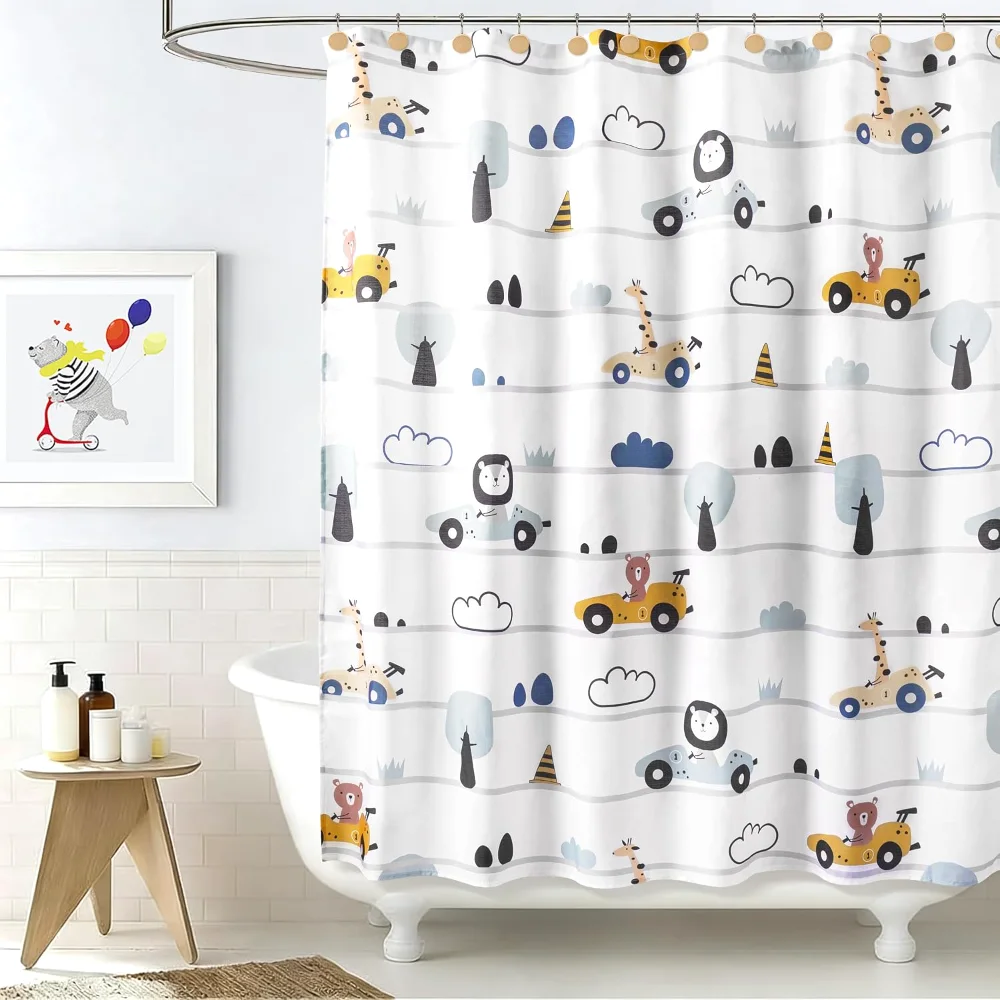 Funny Car Race Fabric Kids Shower Curtain, Blue