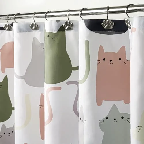Lovely Sage Green Cartoon Cats Fabric Shower Curtain, photo 2