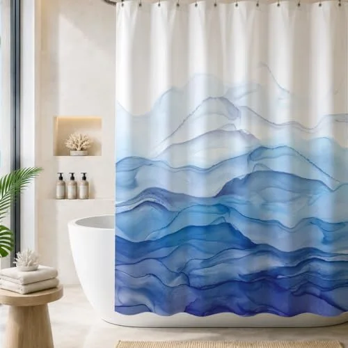 Ombre Blue Watercolor Textured Slubbed Fabric Shower Curtain, photo 3