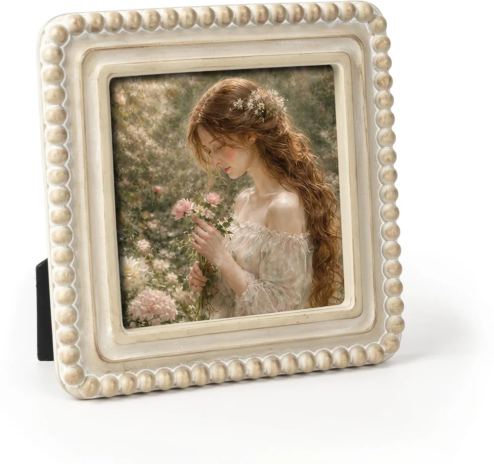 Square Boho Vintage Picture Frame with Beaded Border 4x4, Whitewashed Wood