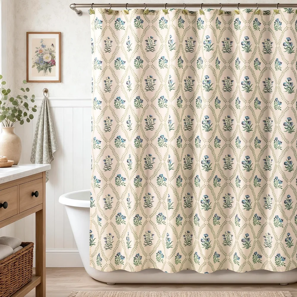 Block Print Polyester-Cotton Fabric Shower Curtain, Blue Flower