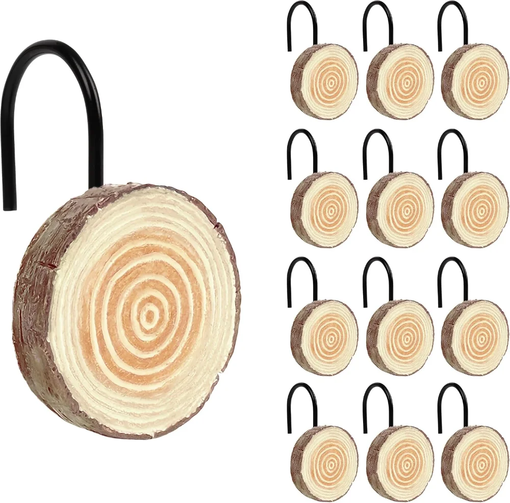 Farmhouse Wooden Slices Shower Curtain Hooks, Brown with Black Hooks