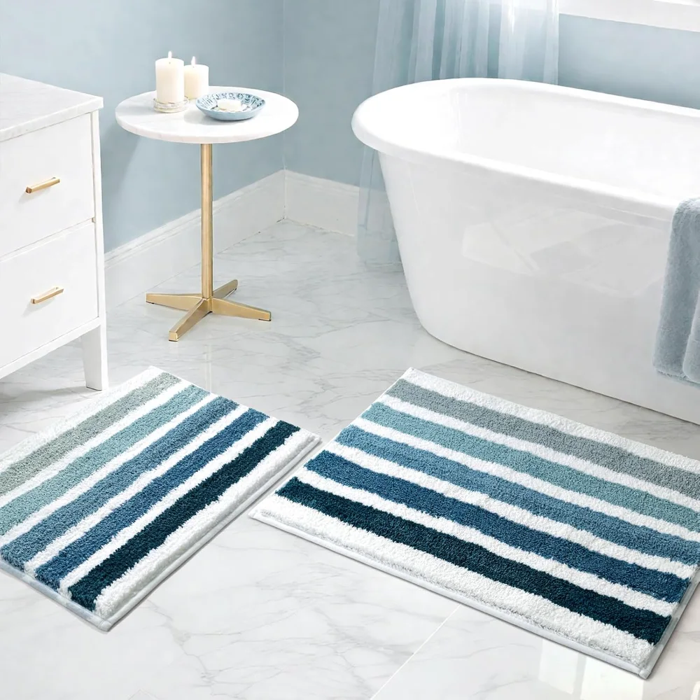 Ombre Blue Bathroom Rug Nautical Bath Mat for Bathroom Non Slip Blue and White ( & )
