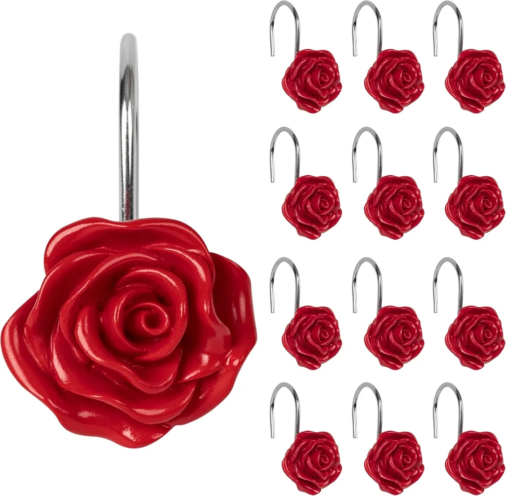 Rose Shower Curtain Hooks, Red