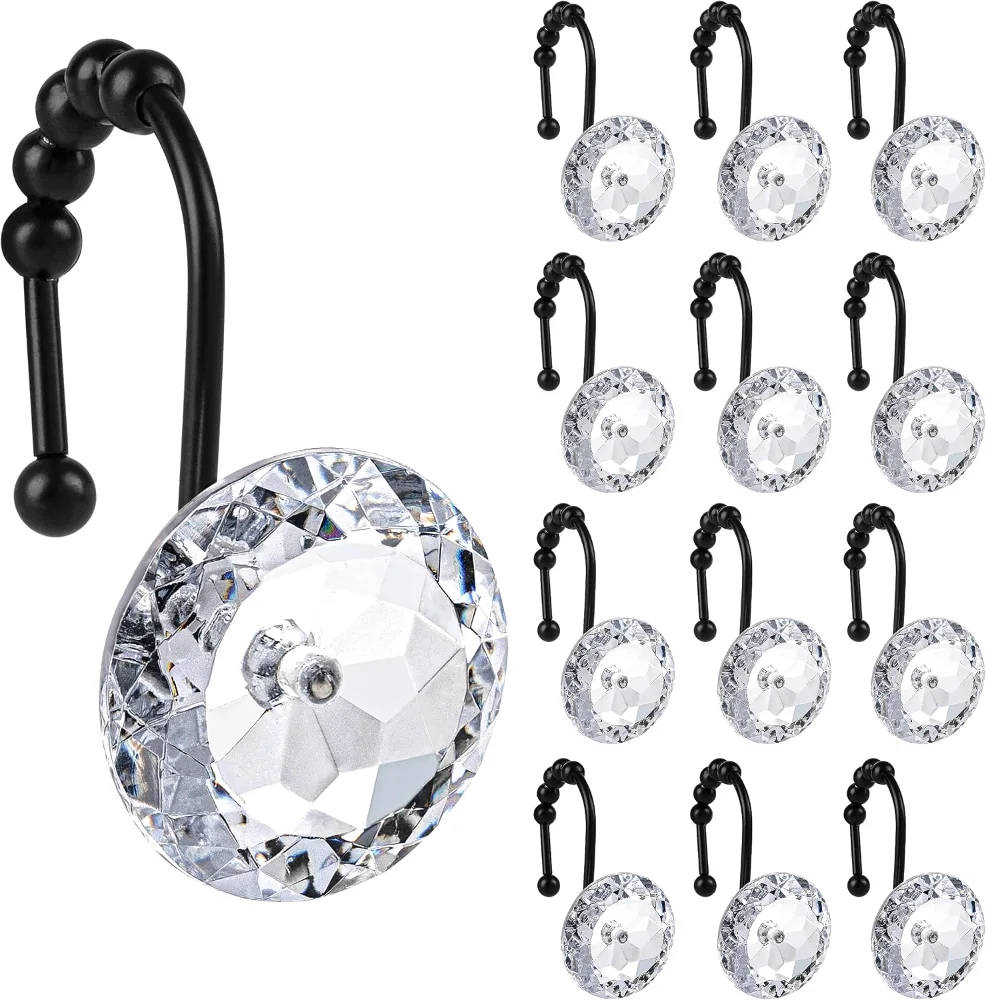 Round Clear Crystal Gem Shower Curtain Hooks, Clear with Black Hooks