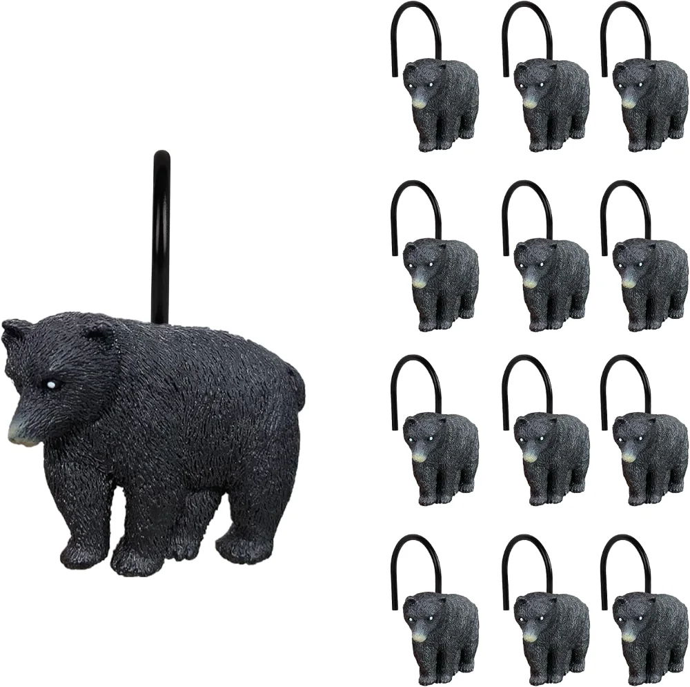 Rustic Decorative Shower Curtain Hooks, Black Bear with Black Hooks