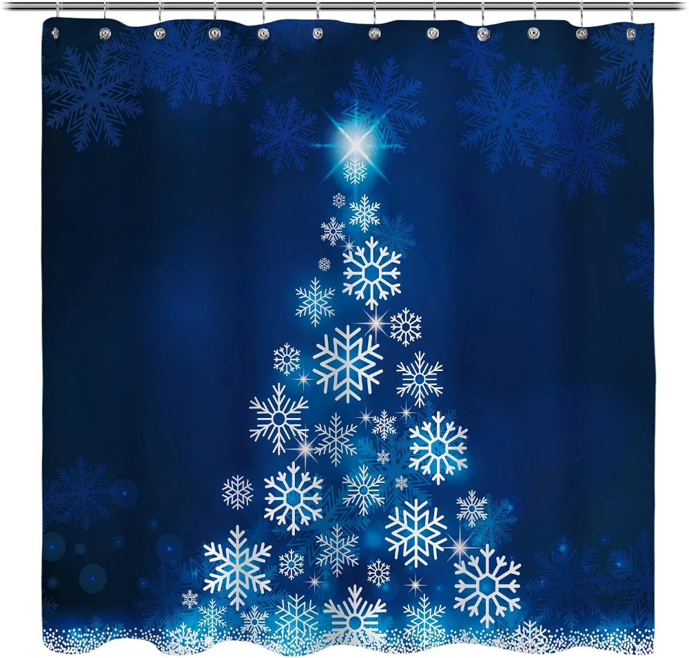 Blue Fluorescent Christmas Snowflake Tree with Dark Blue Background Fabric Shower Curtain