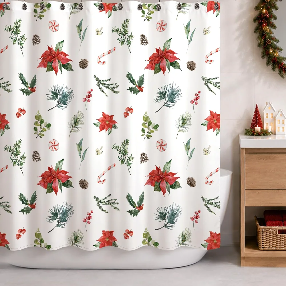 Christmas Shower Curtain, Botanical Red Green, 72×72