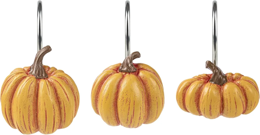Fall Pumpkin Decorative Shower Curtain Hooks, Orange - 3 Designs