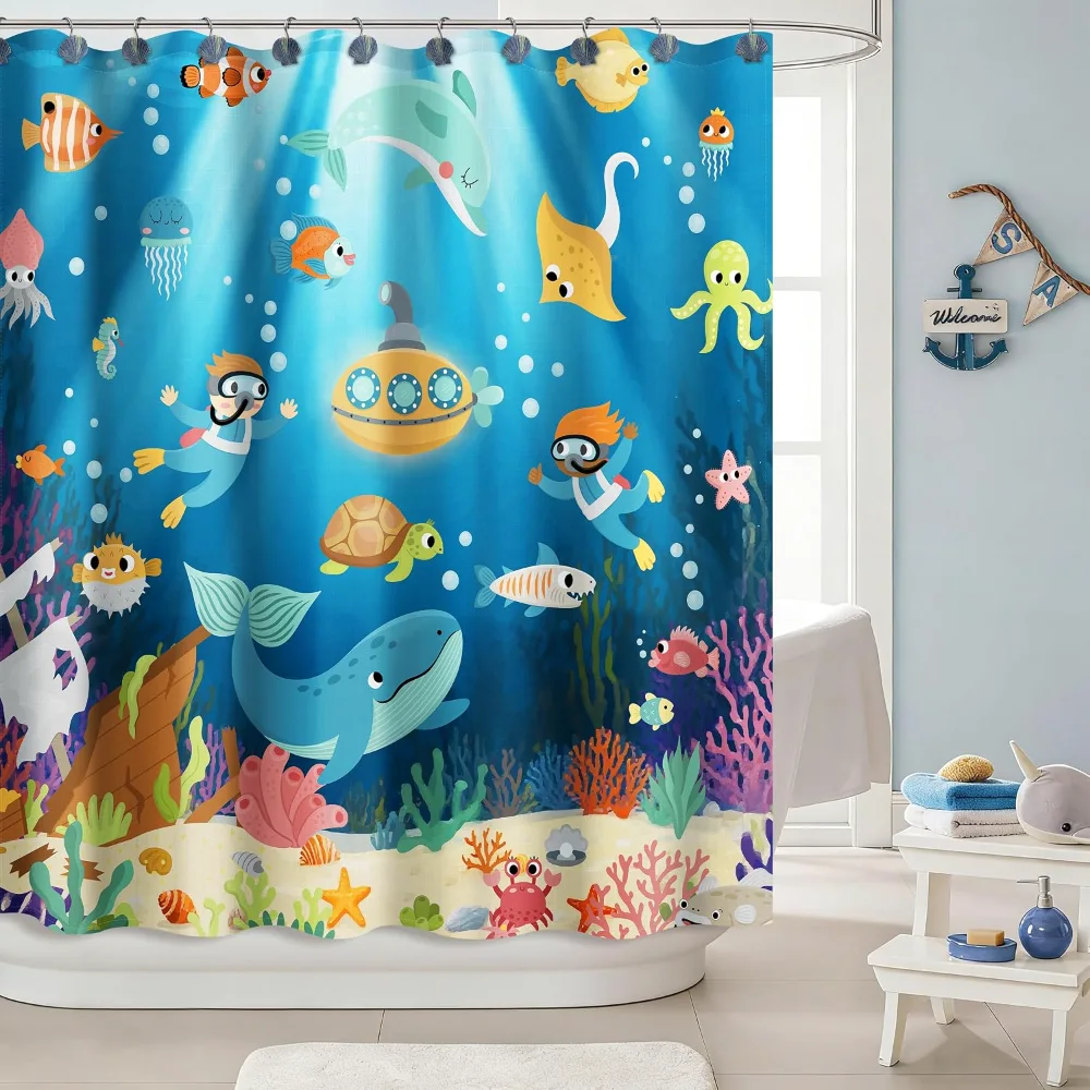 Funny Underwater Adventure Fabric Kids Shower Curtain
