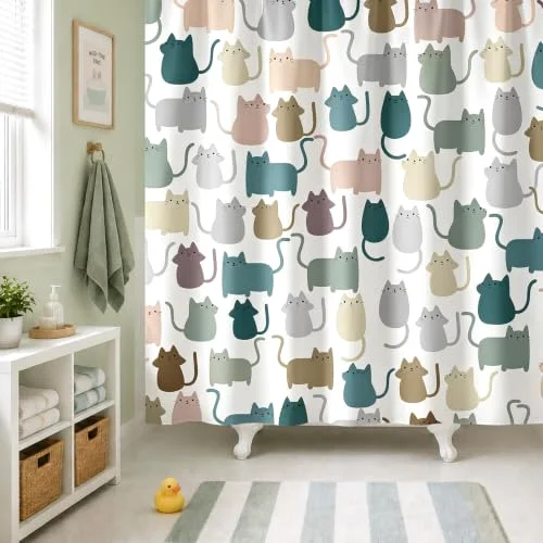 Lovely Multicolor Cartoon Cats Fabric Shower Curtain, photo 3