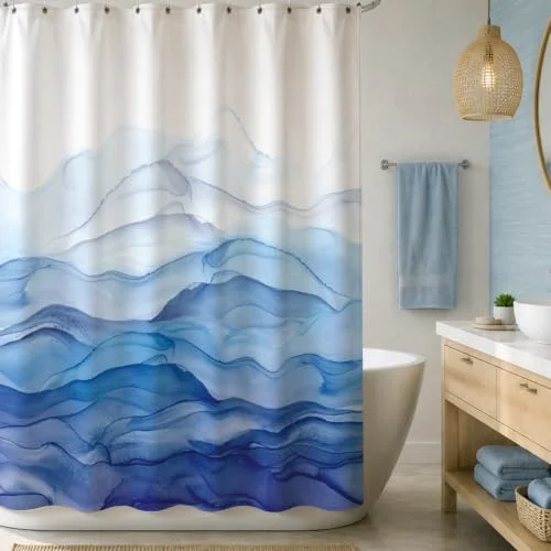 Ombre Blue Watercolor Textured Slubbed Fabric Shower Curtain, photo 2