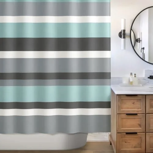 Aqua Blue Gray Horizontal Stripes Water-Repellent Fabric Shower Curtain with Reinforced Metal Grommets Refreshing Striped Bathroom Decor, photo 4
