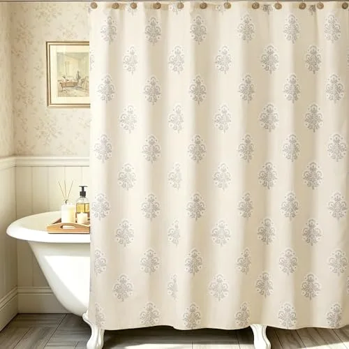 Block Print Polyester-Cotton Fabric Shower Curtain, Beige Vintage Floral, photo 4