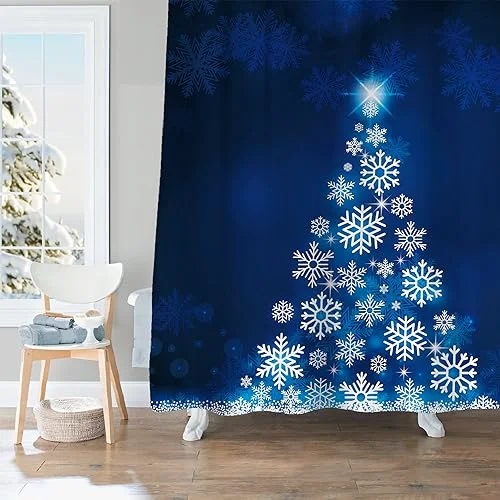 Blue Fluorescent Christmas Snowflake Tree with Dark Blue Background Fabric Shower Curtain, photo 3