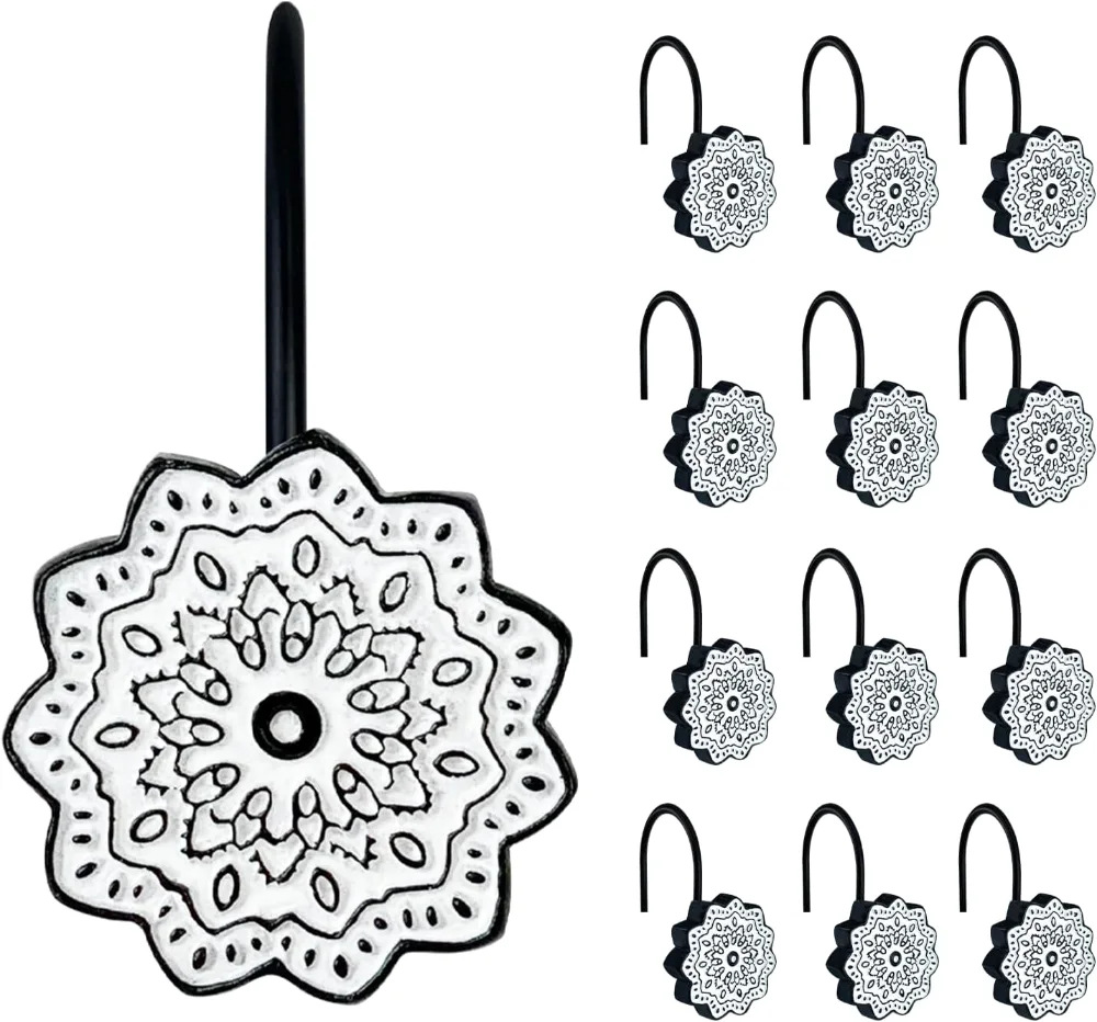 Boho Decorative Shower Curtain Hooks, Black and White