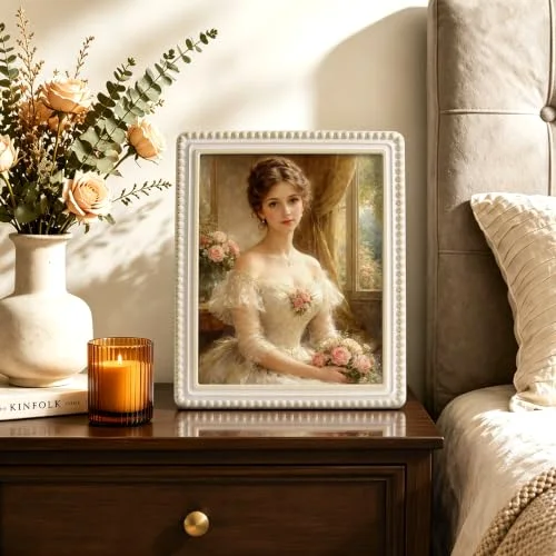 Boho Vintage Picture Frame with Beaded Border 8x10, Distressed White, photo 5