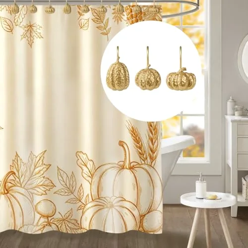 Fall Pumpkin Decorative Shower Curtain Hooks, Golden with Gold Hooks, photo 5