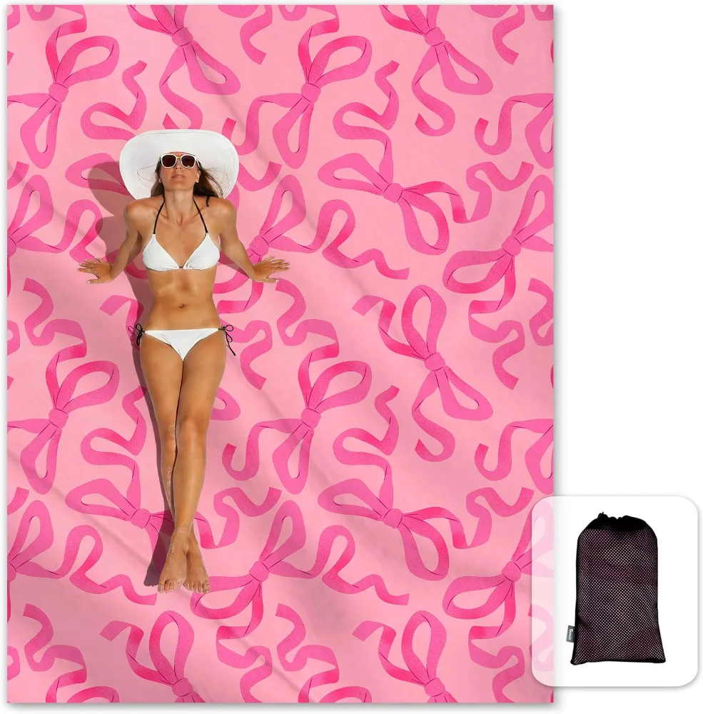 Large Beach Blanket Sand Proof, Pink Bow