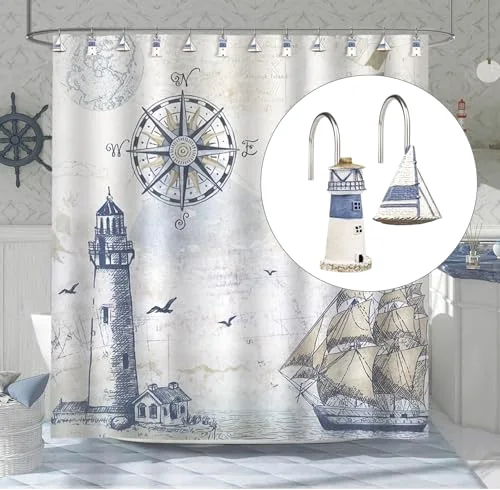 Nautical Shower Curtain Hooks, Sailboat and Lighthouse, photo 2