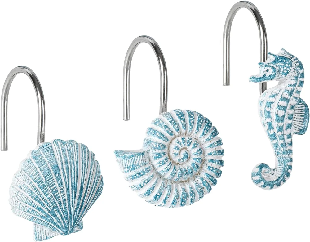 Seashells Decorative Shower Curtain Hooks, Aqua Blue (D8V8)