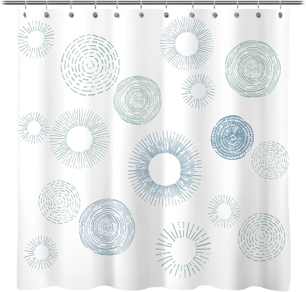 Water Repellent Fabric Shower Curtain Light Blue Green Fireworks and Tree Modern Neat Printed Curtain White