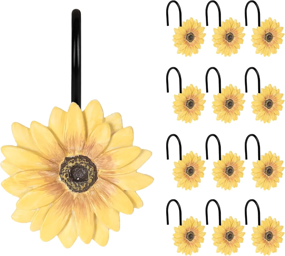 Yellow Sunflower Shower Curtain Hooks, Yellow with Black Hooks