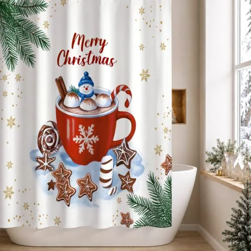 Christmas Shower Curtain, Hot Cocoa with Snowman Marshmallows, 72×72, photo 3