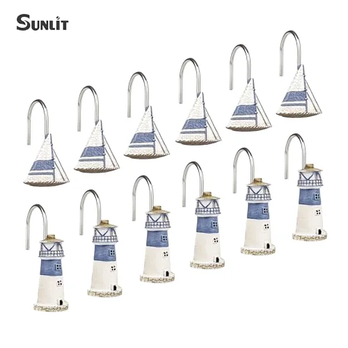 Nautical Shower Curtain Hooks, Sailboat and Lighthouse, photo 3