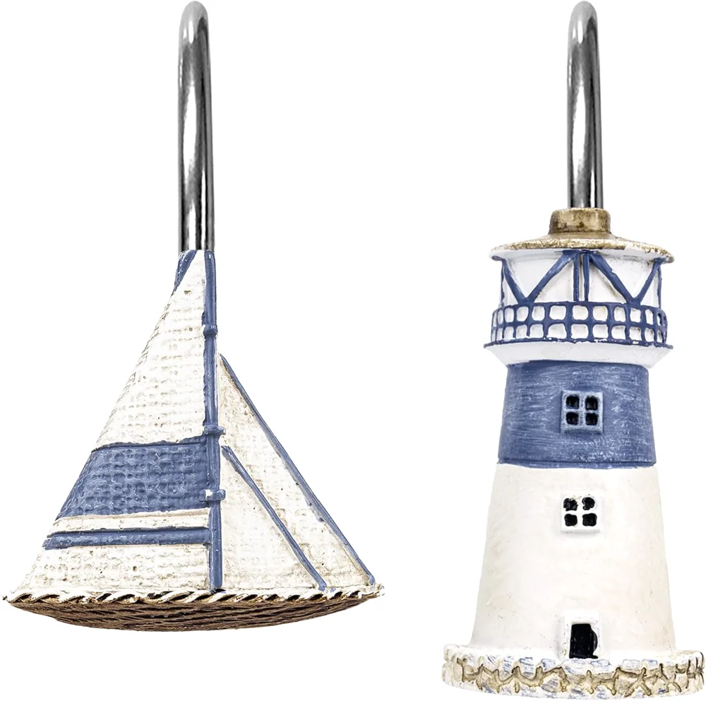 Nautical Shower Curtain Hooks, Sailboat and Lighthouse