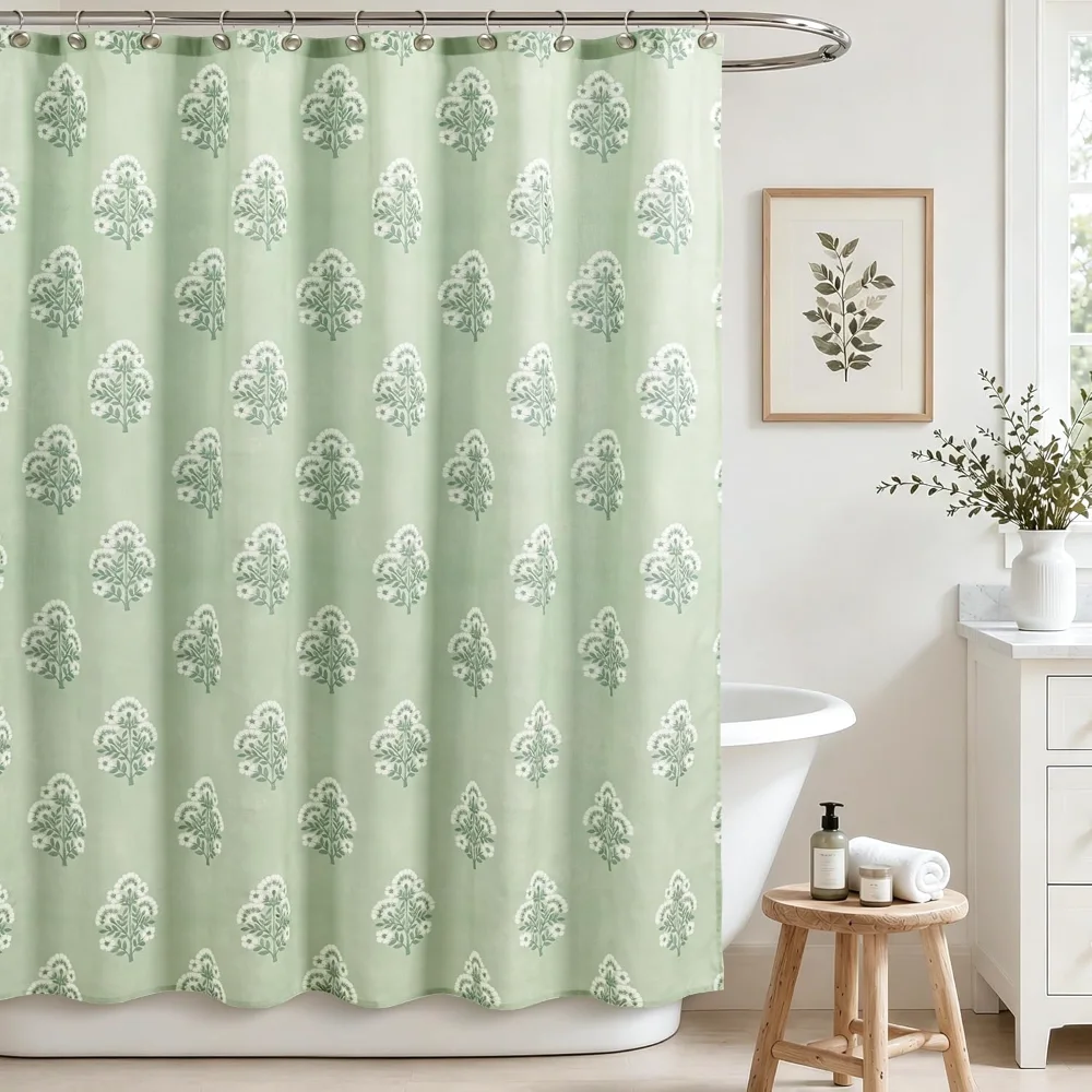 Block Print Polyester-Cotton Fabric Shower Curtain, Sage Green Floral