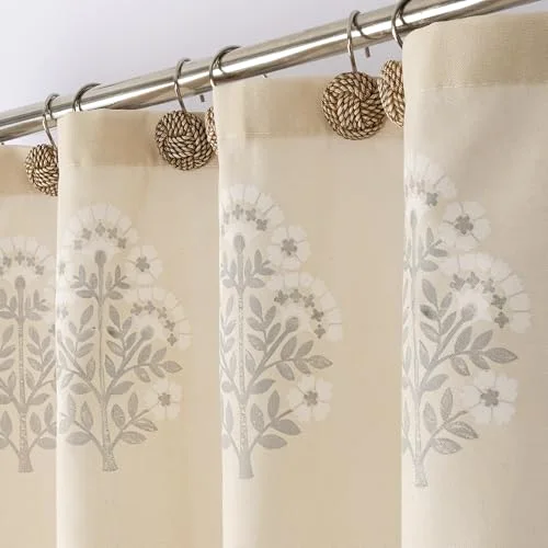 Block Print Polyester-Cotton Fabric Shower Curtain, Beige Vintage Floral, photo 3