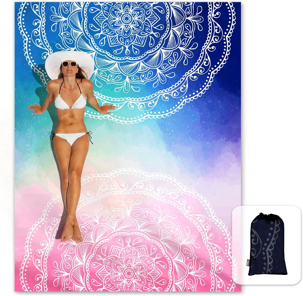 Boho Sand Proof Beach Blanket, Blue Pink, 81×106