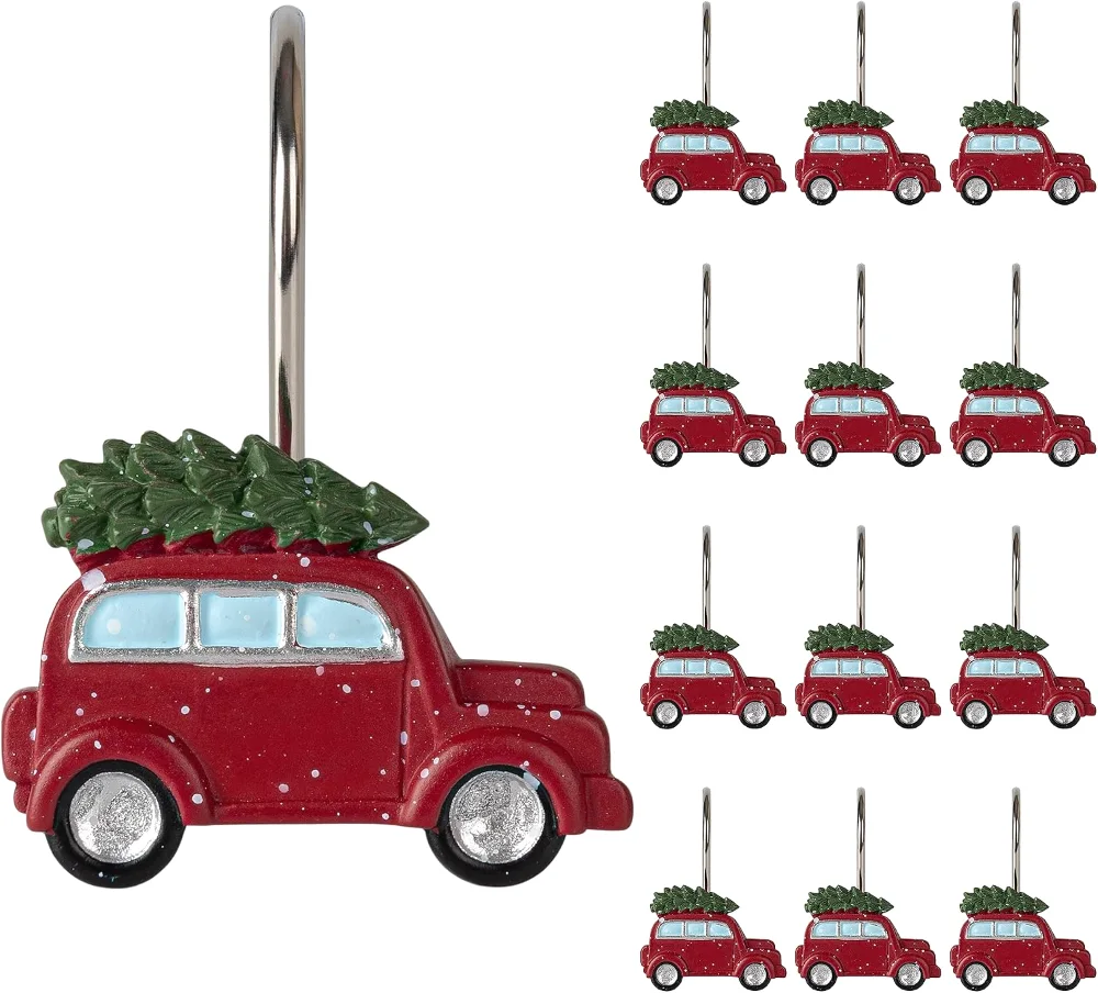 Christmas Shower Curtain Hooks, Red Truck, set of 12