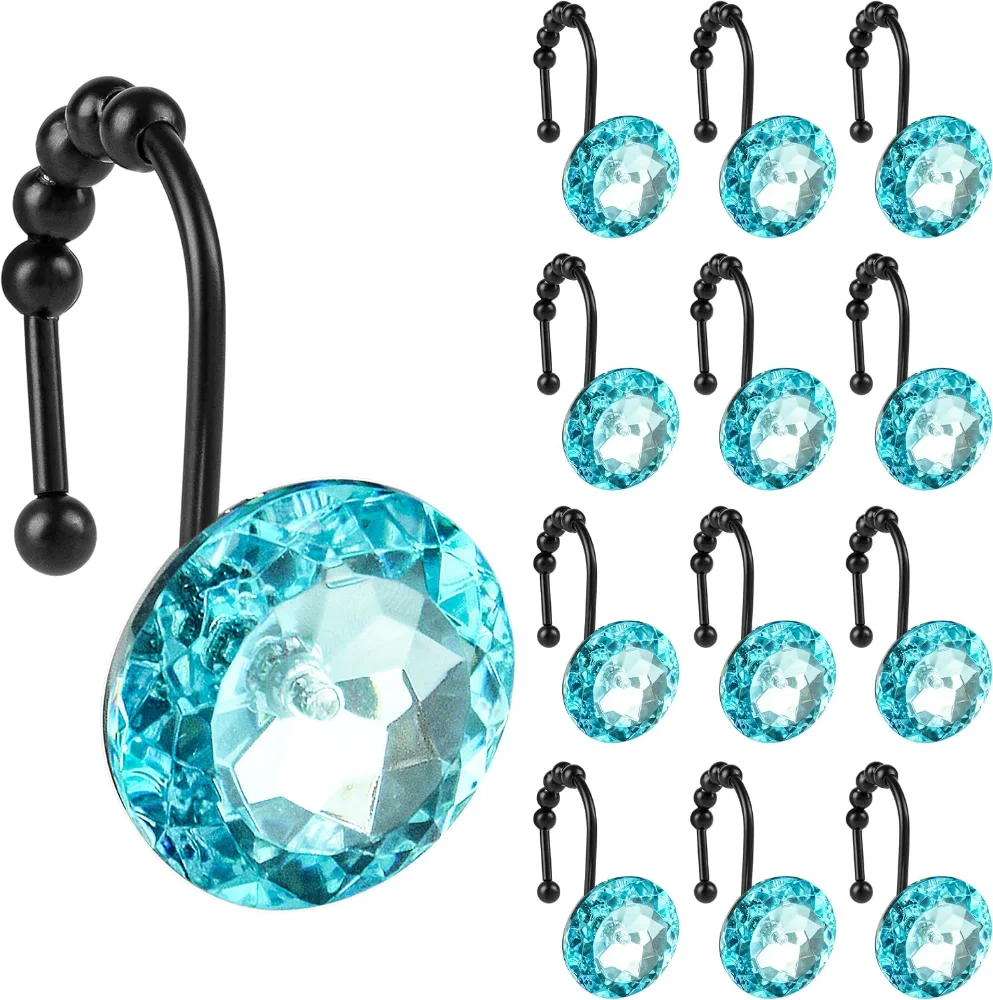 Round Teal Blue Crystal Gem Shower Curtain Hooks, Teal with Black Hooks