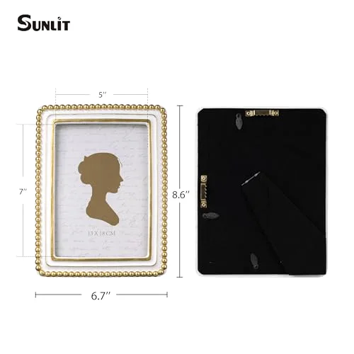 Square Boho Vintage Picture Frame with Beaded Border 5x7, White and Golden, photo 2