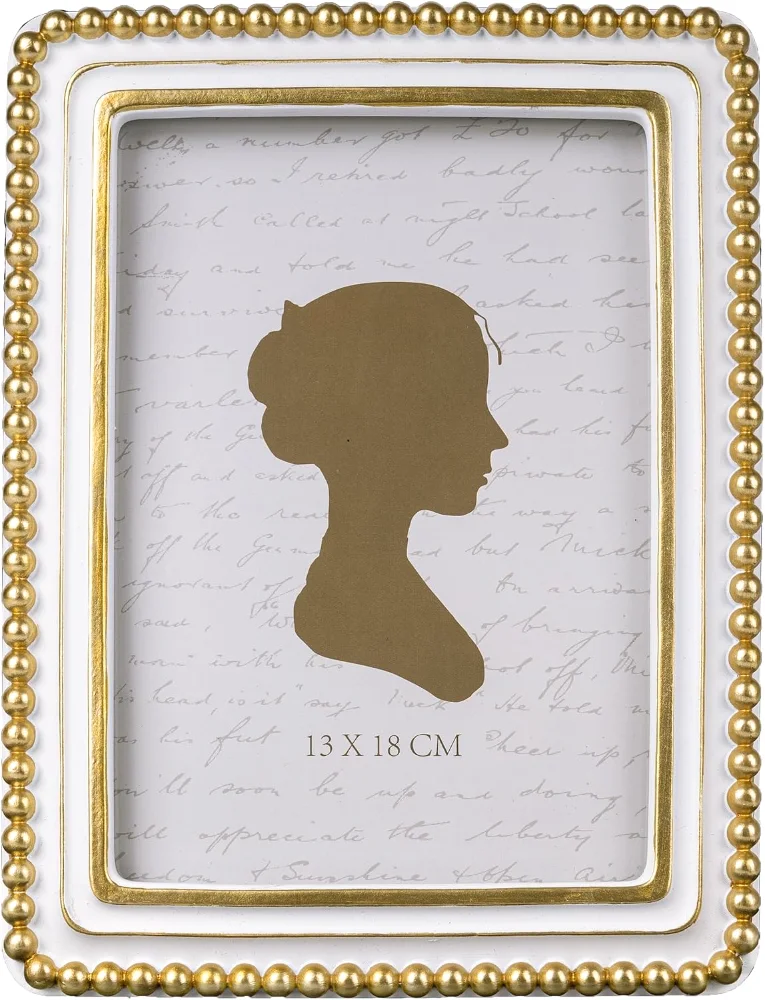 Square Boho Vintage Picture Frame with Beaded Border 5x7, White and Golden