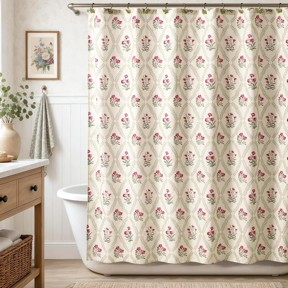 Block Print Polyester-Cotton Fabric Shower Curtain, Pink Flower
