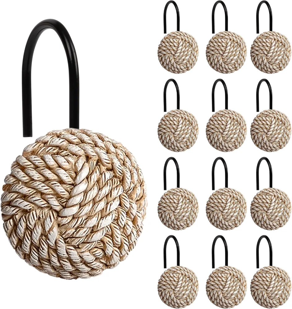 Boho Knots Shower Curtain Hooks, Off White with Black Hooks